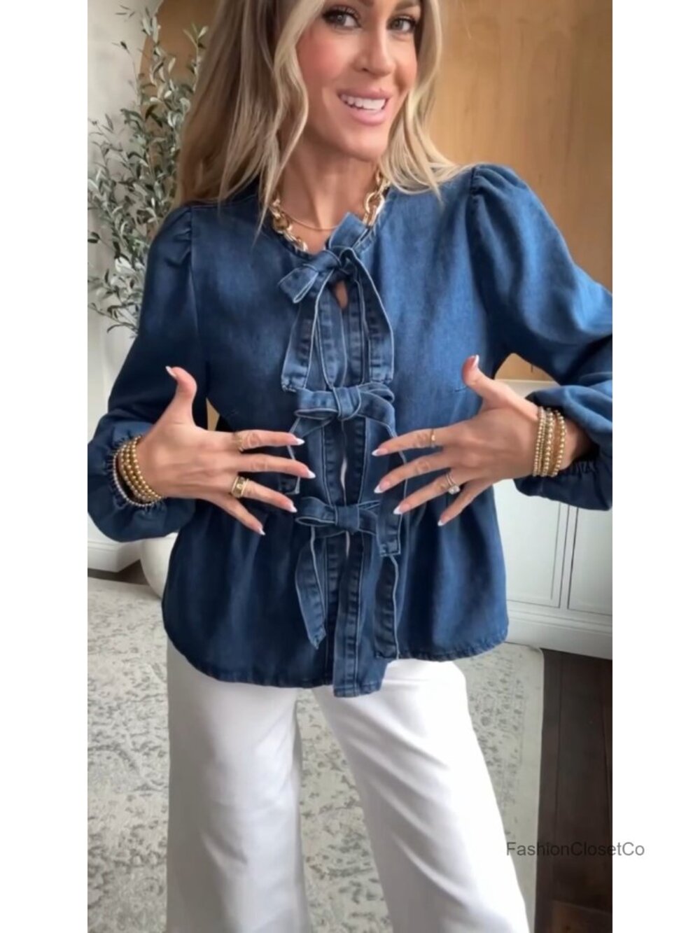 Women's Denim Babydoll Blouse with Long Puff Sleeves - Picture 6 of 6